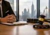 Mid Size Law Firms in NYC: Top Firms Blending Expertise and Personal Service Mid size law firms in NYC with lawyer, gavel, and New York City skyline in a modern law office