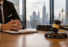 Mid Size Law Firms in NYC: Top Firms Blending Expertise and Personal Service Mid size law firms in NYC with lawyer, gavel, and New York City skyline in a modern law office