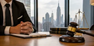 Mid Size Law Firms in NYC: Top Firms Blending Expertise and Personal Service Mid size law firms in NYC with lawyer, gavel, and New York City skyline in a modern law office