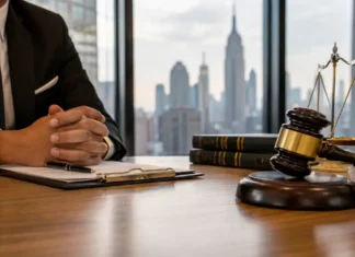 Mid Size Law Firms in NYC: Top Firms Blending Expertise and Personal Service Mid size law firms in NYC with lawyer, gavel, and New York City skyline in a modern law office