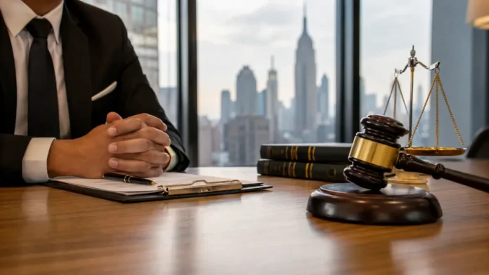 Best Mid Size Law Firms in NYC | New York Legal Guide Mid size law firms in NYC with lawyer, gavel, and New York City skyline in a modern law office