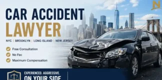 Car accident lawyer NYC banner showing damaged car with Manhattan skyline and free consultation offer