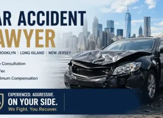 Best Traffic Accident Lawyers in NYC – Free Consultation Available Car accident lawyer NYC banner showing damaged car with Manhattan skyline and free consultation offer