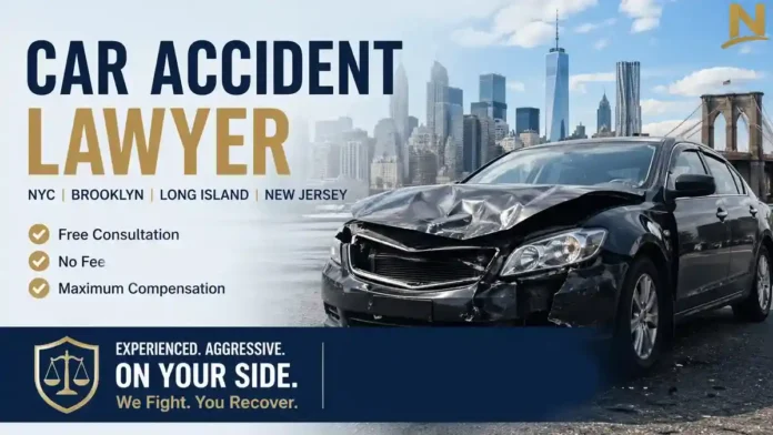 Car accident lawyer NYC banner showing damaged car with Manhattan skyline and free consultation offer
